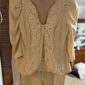 Worn Vintage cream white suite with lace inset.  Size 7/8